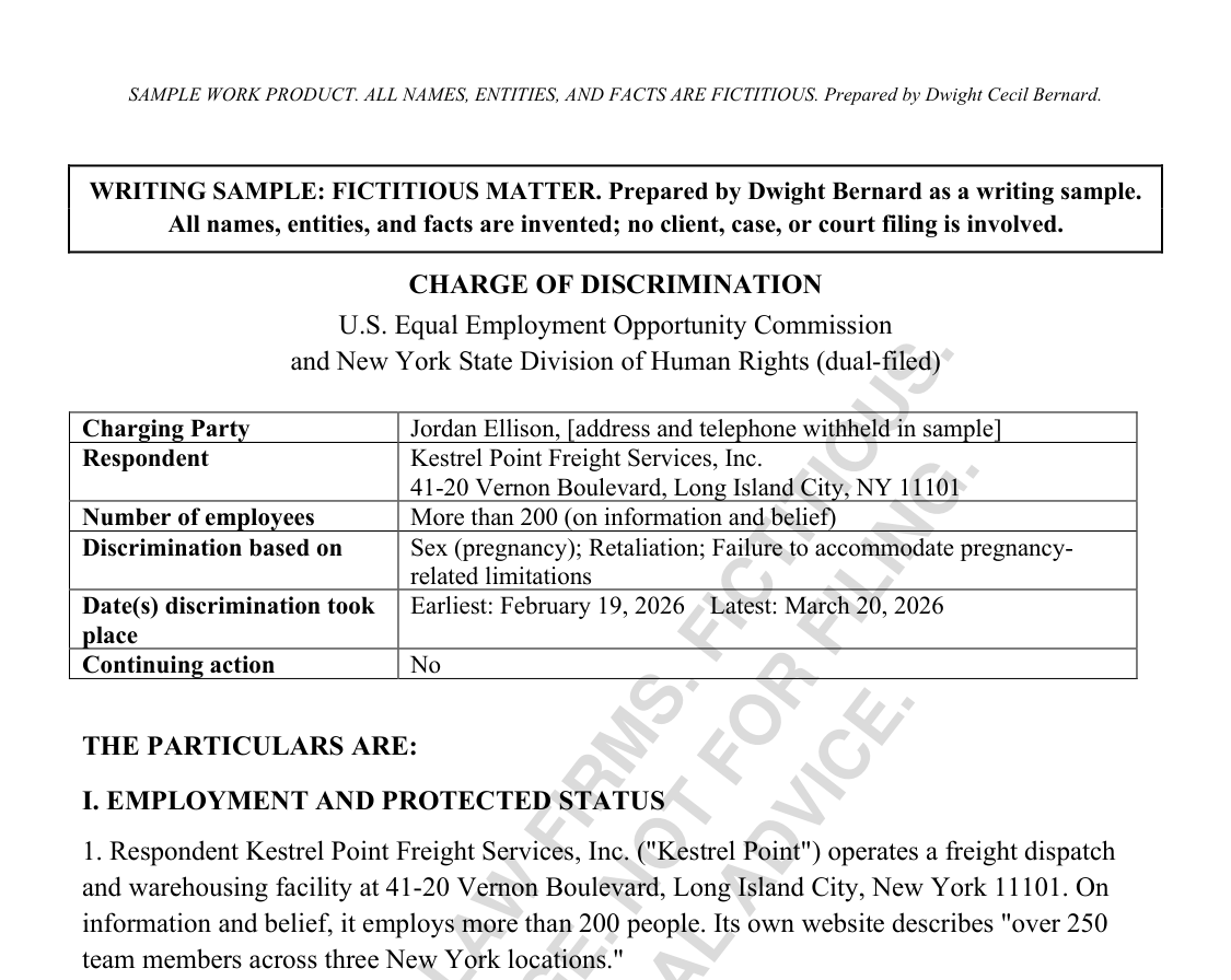 Top of page one of the fictitious sample charge, showing its label: Writing sample: fictitious matter. All names, entities, and facts are invented; no client, case, or court filing is involved. A diagonal watermark marks it as a fictitious sample, not for filing.